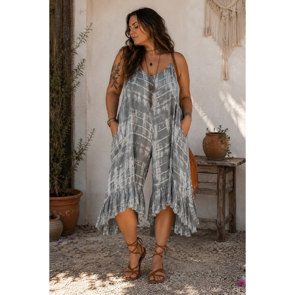 Boho Beachy Summer Tie Dye Wide Leg Ruffle Green White 26/28W Romper Jumpsuit